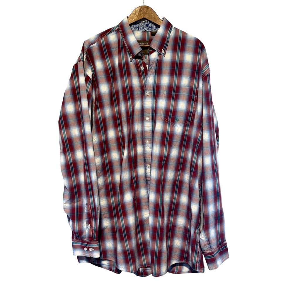 Roper Mens Plaid Long Sleeve Shirt 2XL Tall Red Blue White Western Ranch Cowboy